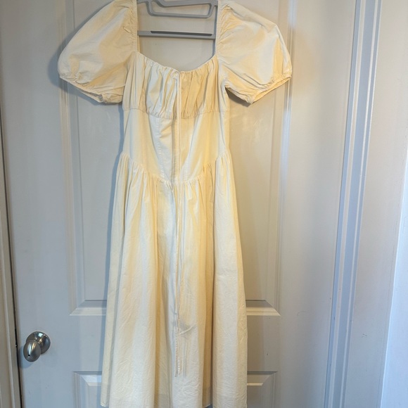 Vintage Dresses & Skirts - Vintage Yellow Puff Sleeve Corset Front Smocked Back MIDI Dress, size Large